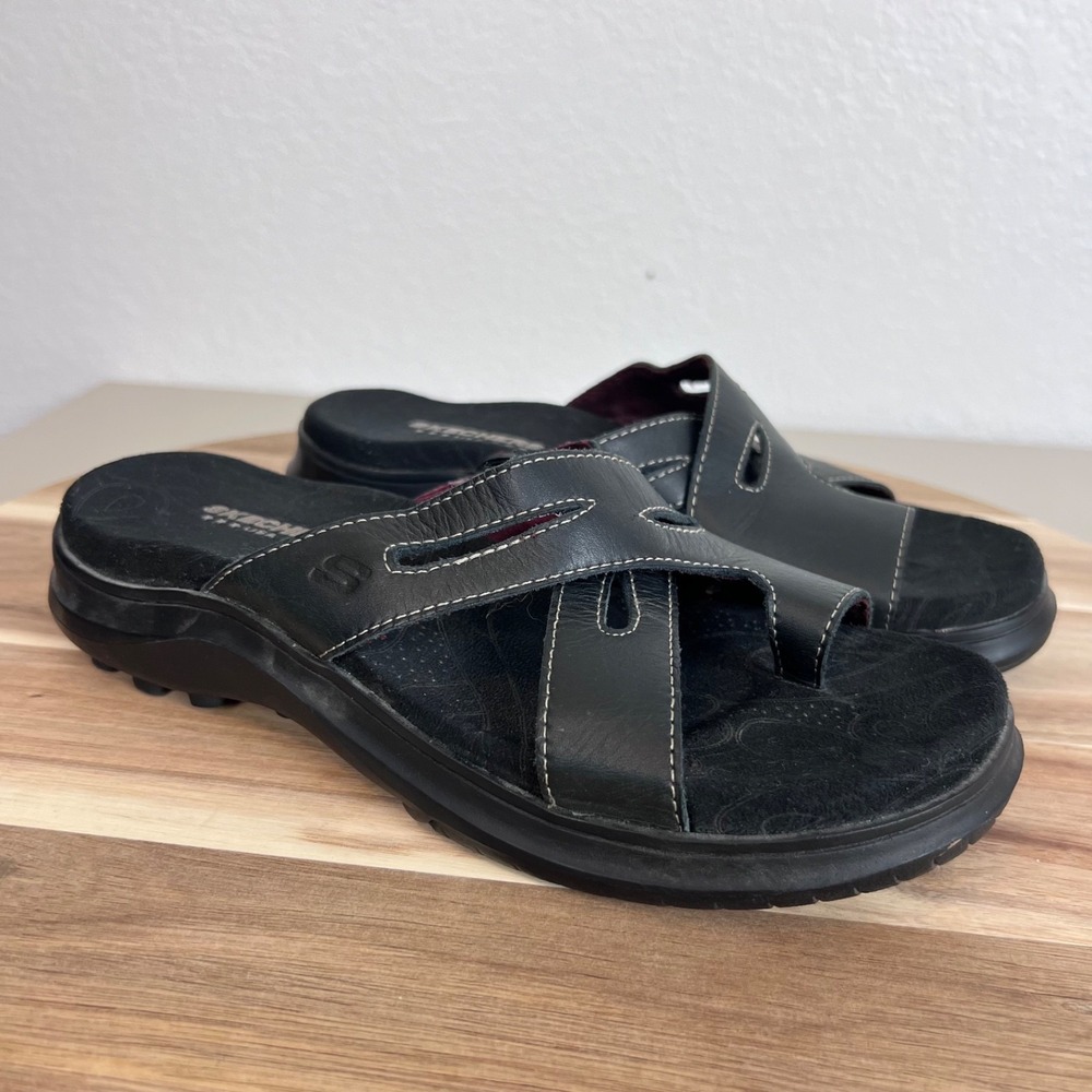 Y2K Skechers Sandals Womens 8 Black Leather Toe Loop Strappy Slip On Chunky Boho